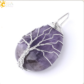 CSJA Gold Color Tree of Life Wire Wrap Water Drop Necklace & Pendant Reiki Natural Gem Stone