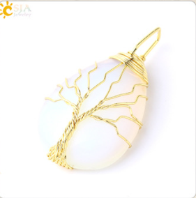 CSJA Gold Color Tree of Life Wire Wrap Water Drop Necklace & Pendant Reiki Natural Gem Stone