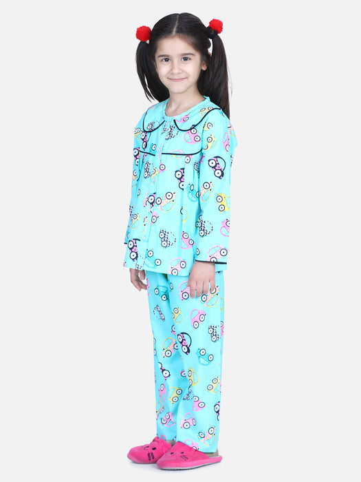 Girl Blue Cotton Printed Sleep Wear