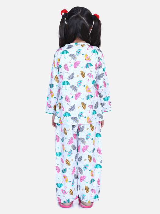 Girl White Cotton Printed Sleep Wear