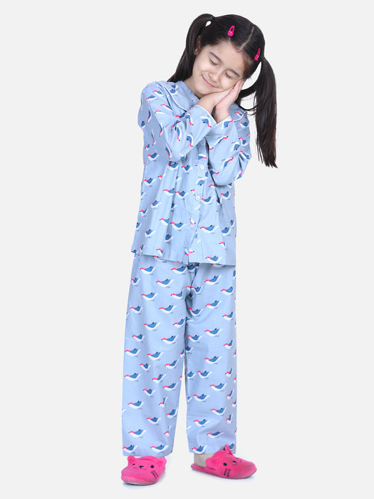 Girl Gray Cotton Printed Sleep Wear