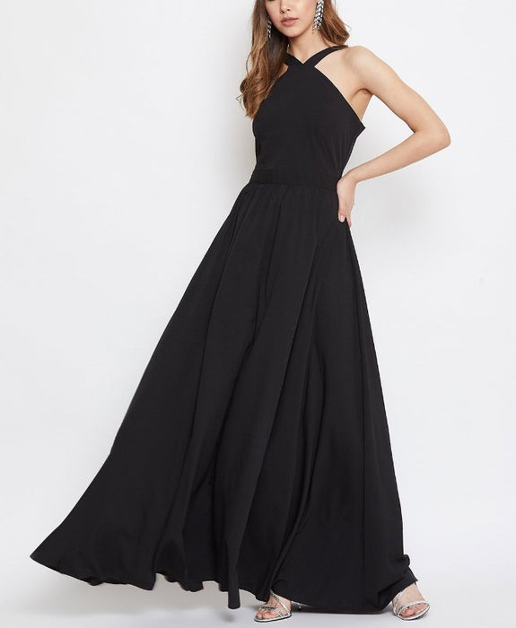 Black halter neck long party wear dress