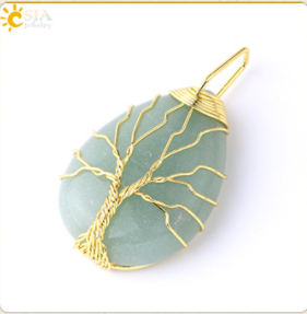 CSJA Gold Color Tree of Life Wire Wrap Water Drop Necklace & Pendant Reiki Natural Gem Stone
