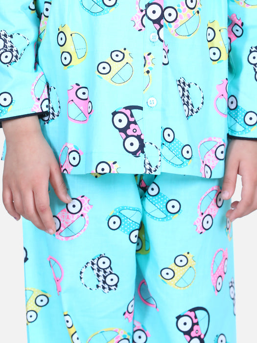 Girl Blue Cotton Printed Sleep Wear