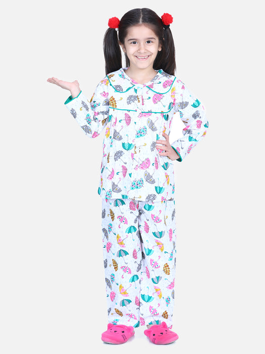 Girl White Cotton Printed Sleep Wear