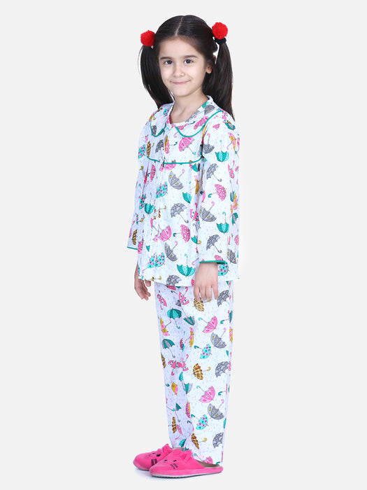 Girl White Cotton Printed Sleep Wear