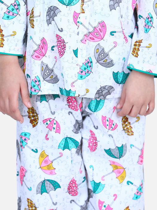 Girl White Cotton Printed Sleep Wear