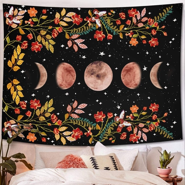 Psychedelic Floral Moon Phase Tapestry Wall Hanging